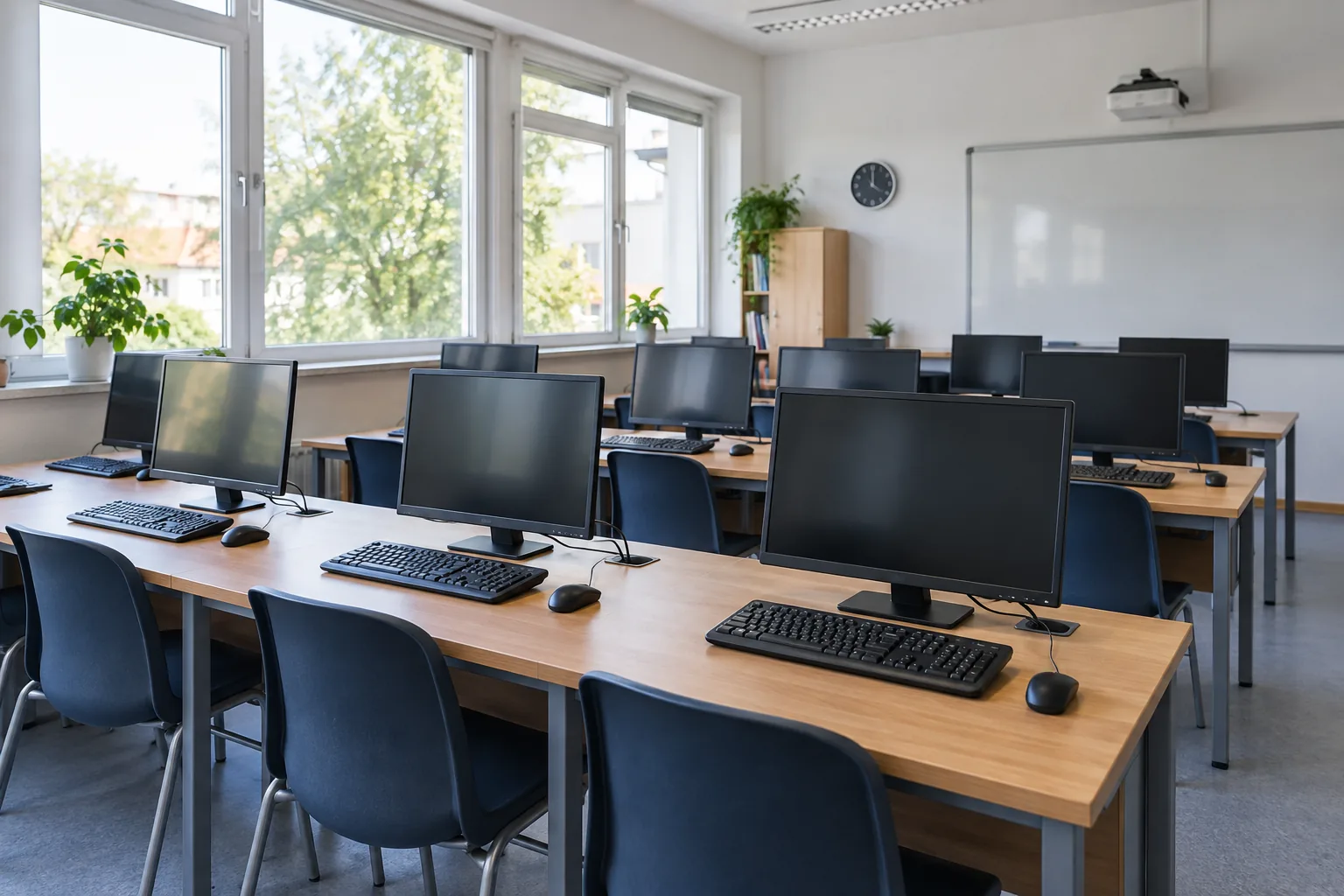 Wizualizacja przykładowej szkolnej pracowni komputerowej